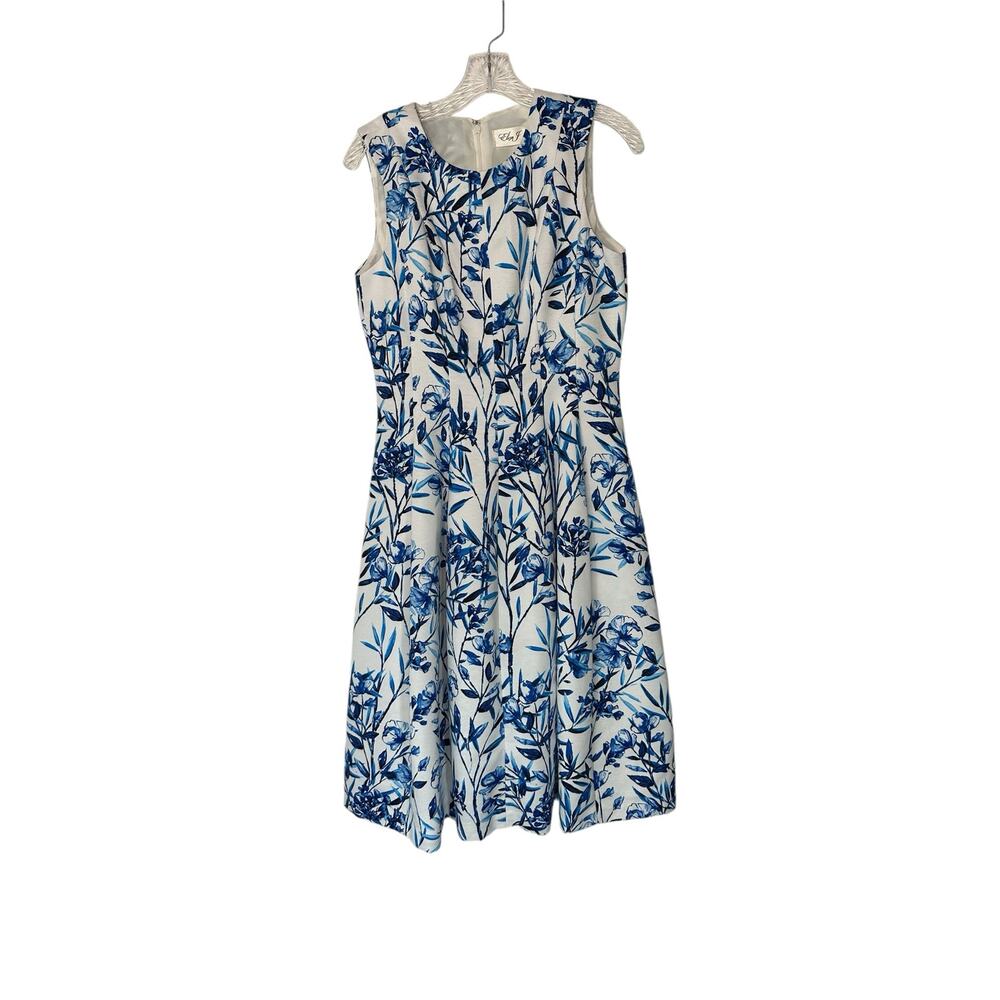 Eliza J Blue White Floral‎ Cocktail Hour Sleeveless Sheath Midi Dress Size 6